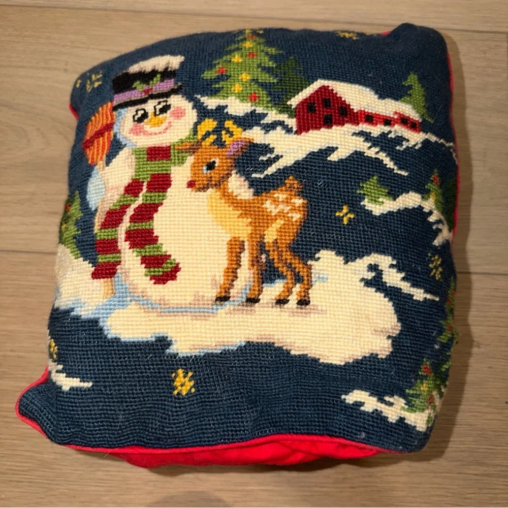 VTG Needlepoint Christmas Pillow Imperial Elegance Snowman Reindeer Frosty Trees